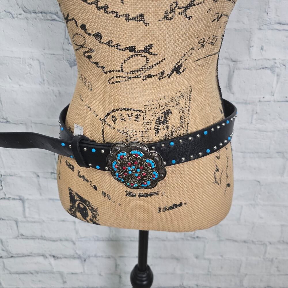 Lane Bryant Western Black Leather Belt Turquoise Red Concho Buckle Sz 18/20 A11